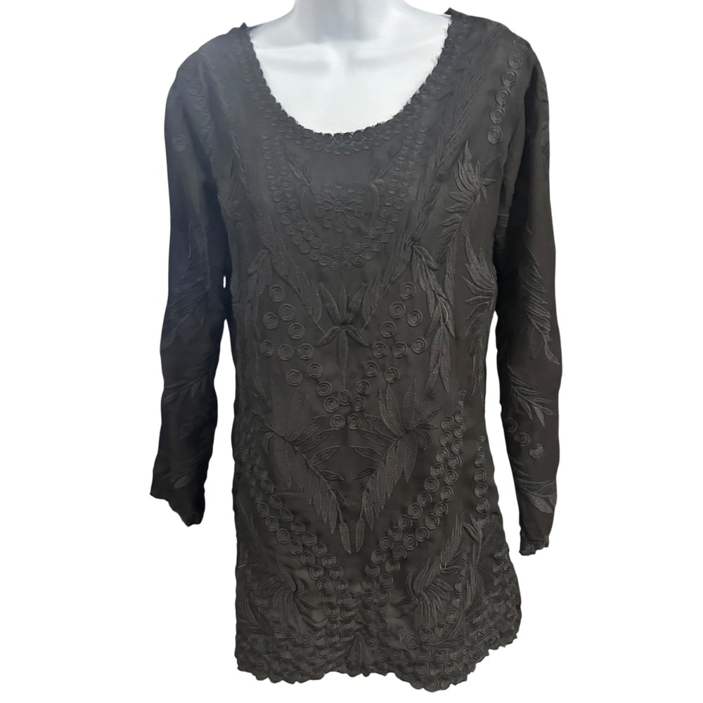 Pilyq Barcelona Anthro Embroidered Tunic Dress Long Sleeve Black Sundress XS/S